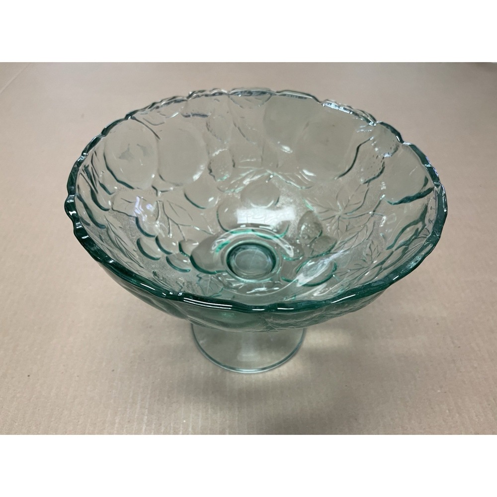 Vintage‎ Libbey Orchard Footed Pedestal Bowl – Green Glass Fruit Pattern